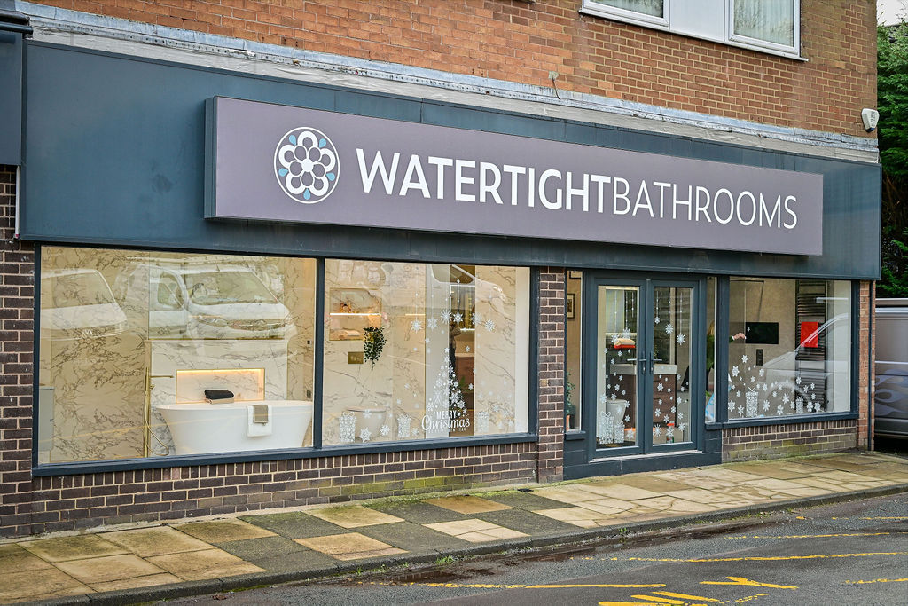 The Watertight Bathrooms showroom on Coppice Gate, Harrogate — displays visible through the frontage, dressed for the season.